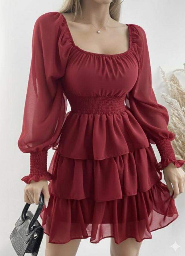 Uzun Kollu Kare Yaka Beli Lastikli Volanlı Şifon Elbise