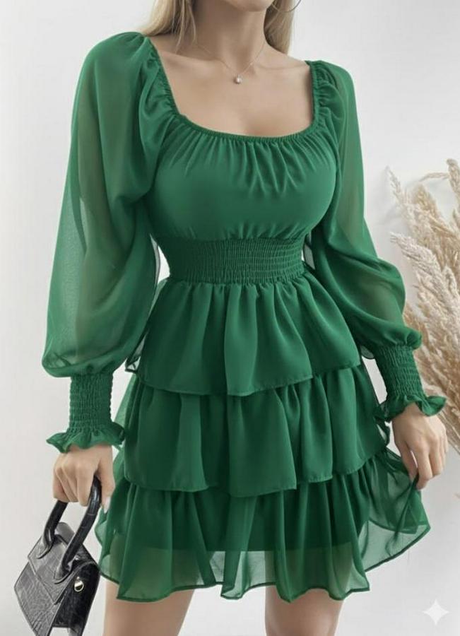 Uzun Kollu Kare Yaka Beli Lastikli Volanlı Şifon Elbise