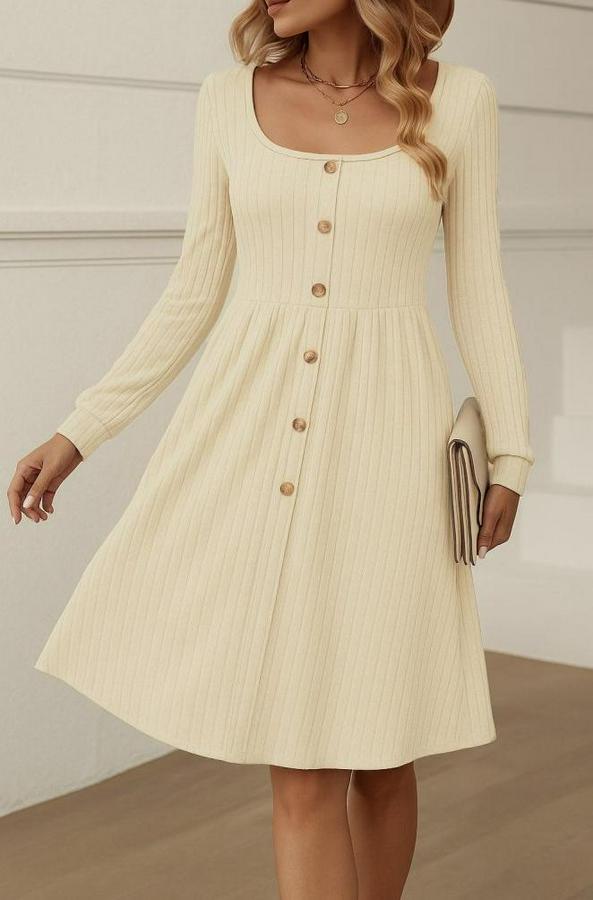 Uzun Kollu Kare Yaka Düğmeli Kısa Şardonlu Iki Iplik Mini Elbise