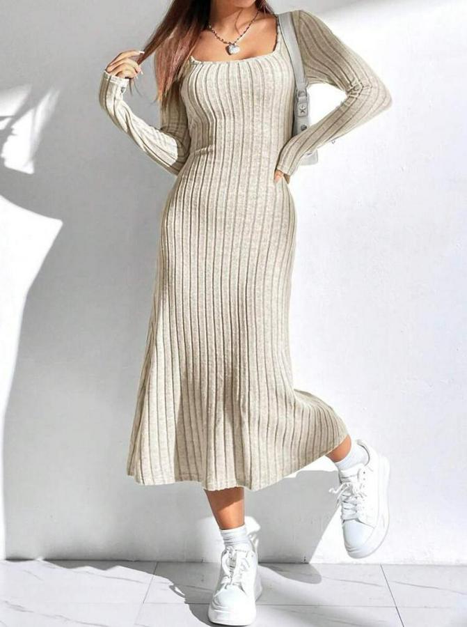 Uzun Kollu Kare Yaka Midi Kaşkorse Elbise