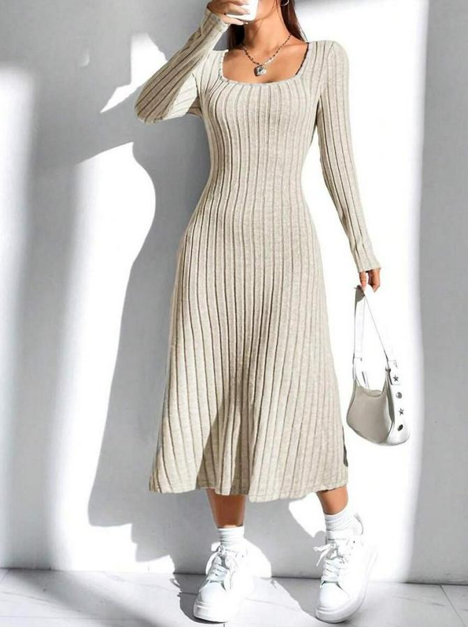 Uzun Kollu Kare Yaka Midi Kaşkorse Elbise