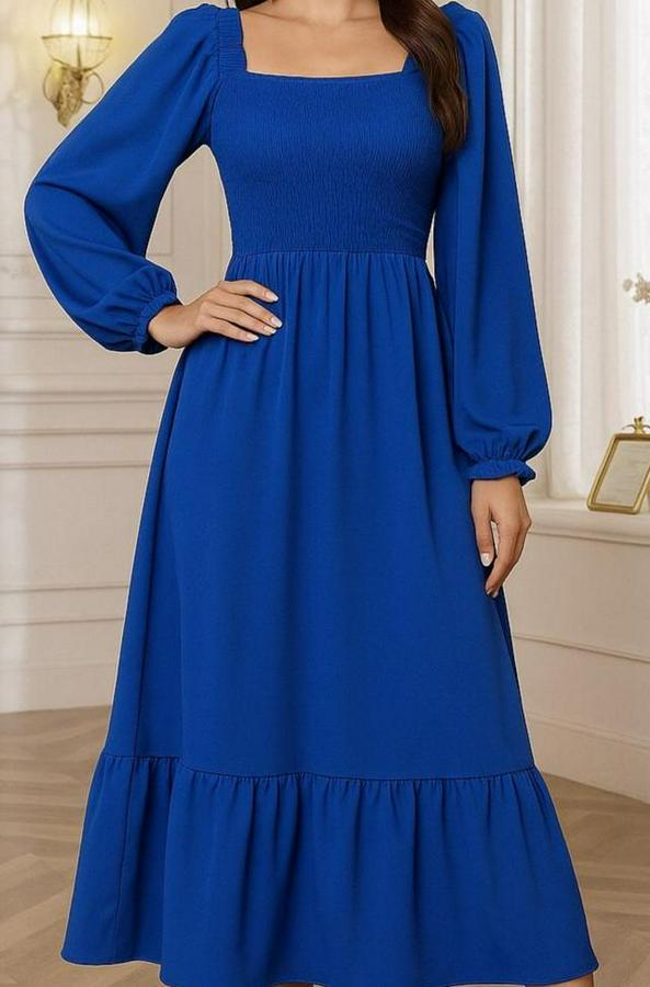 Uzun Kollu Kare Yakalı Gipeli Uzun Trikoton Elbise