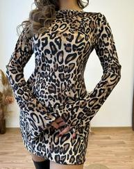 Uzun Kollu Kayık Yaka Leopar Baskılı Mini Elbise
