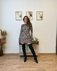 Uzun Kollu Kayık Yaka Leopar Baskılı Mini Elbise