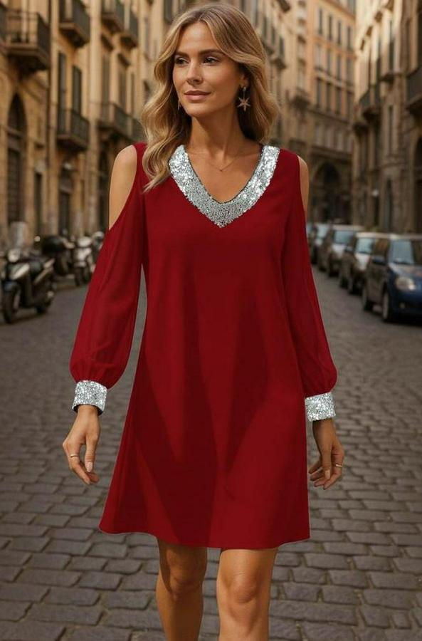 Uzun Kollu Kollar Tül V Yakalı Mini Janjan Krep Elbise