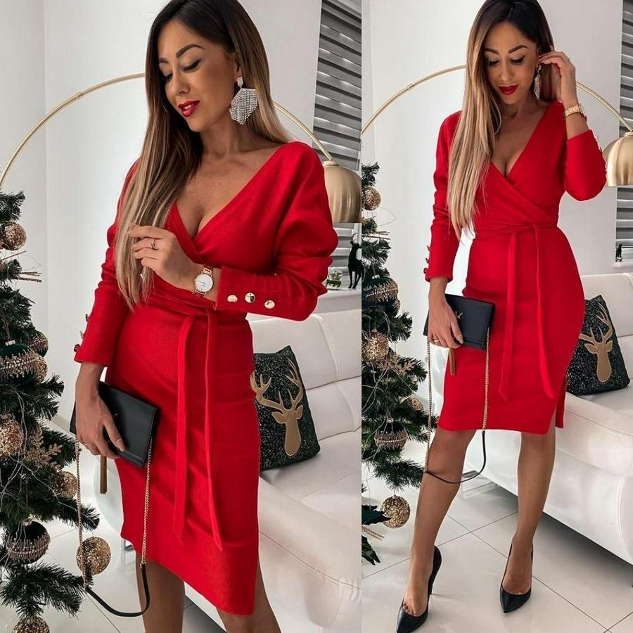 Uzun Kollu Kruvaze Yaka Bağcık Detay Akrilik Mini Boy Elbise