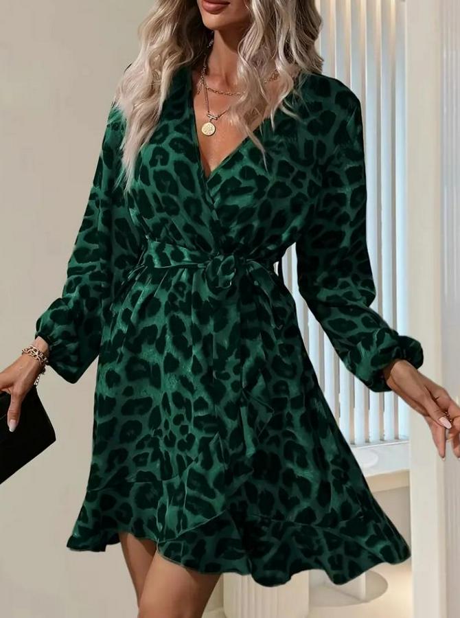 Uzun Kollu Kruvaze Yaka Belden Kuşaklı Leopar Desenli Dalgıç Elbise