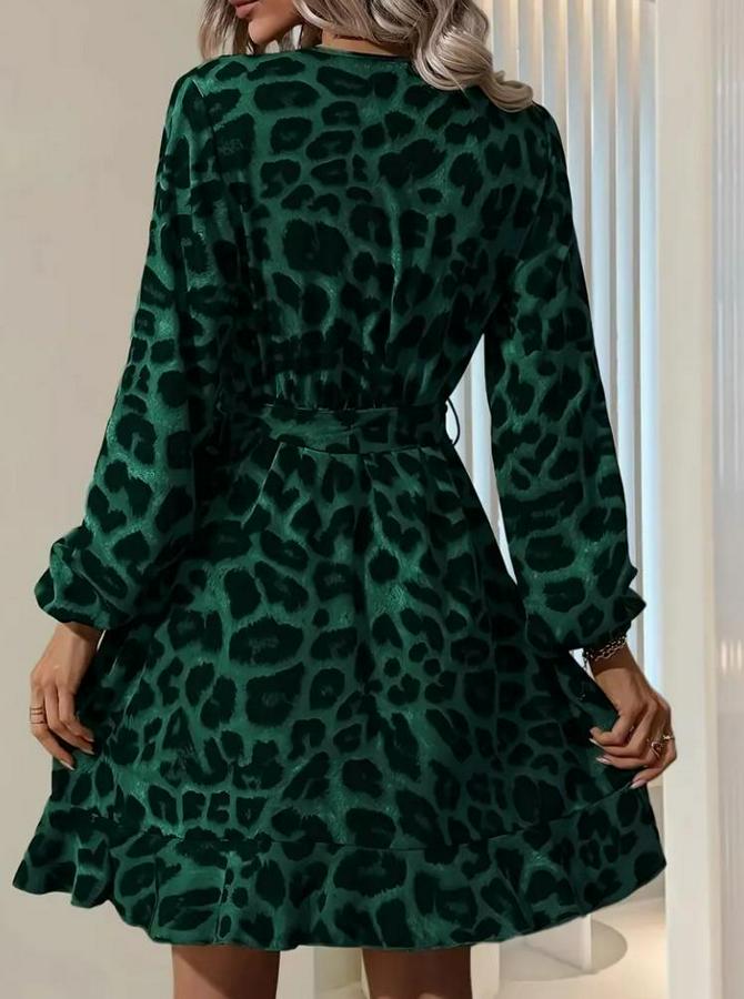 Uzun Kollu Kruvaze Yaka Belden Kuşaklı Leopar Desenli Dalgıç Elbise