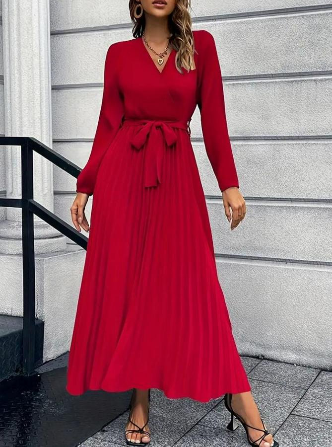 Uzun Kollu Kruvaze Yaka Belden Kuşaklı Pileli Ithal Krep Elbise