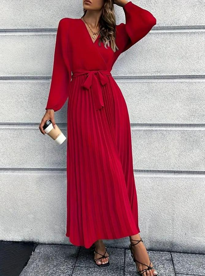 Uzun Kollu Kruvaze Yaka Belden Kuşaklı Pileli Ithal Krep Elbise