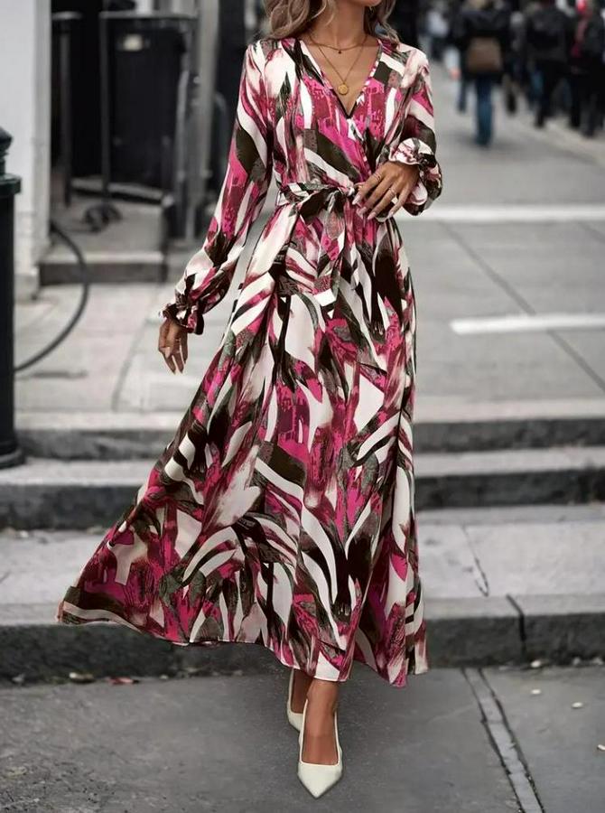 Uzun Kollu Kruvaze Yaka Belden Kuşaklı Desenli Süprem Elbise