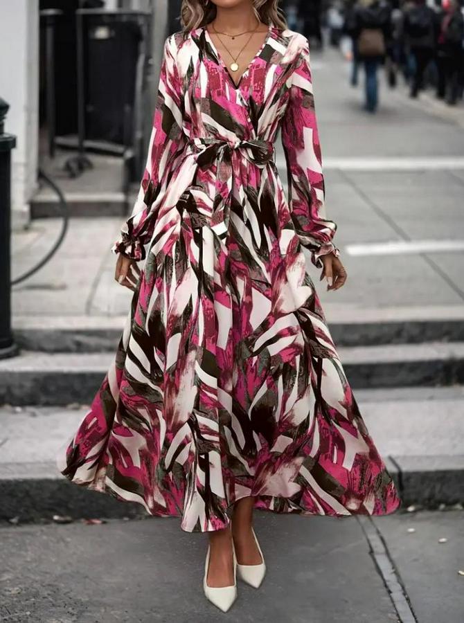 Uzun Kollu Kruvaze Yaka Belden Kuşaklı Desenli Süprem Elbise