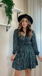 Uzun Kollu Kruvaze Yaka Belden Kuşaklı Leopar Desenli Dalgıç Elbise