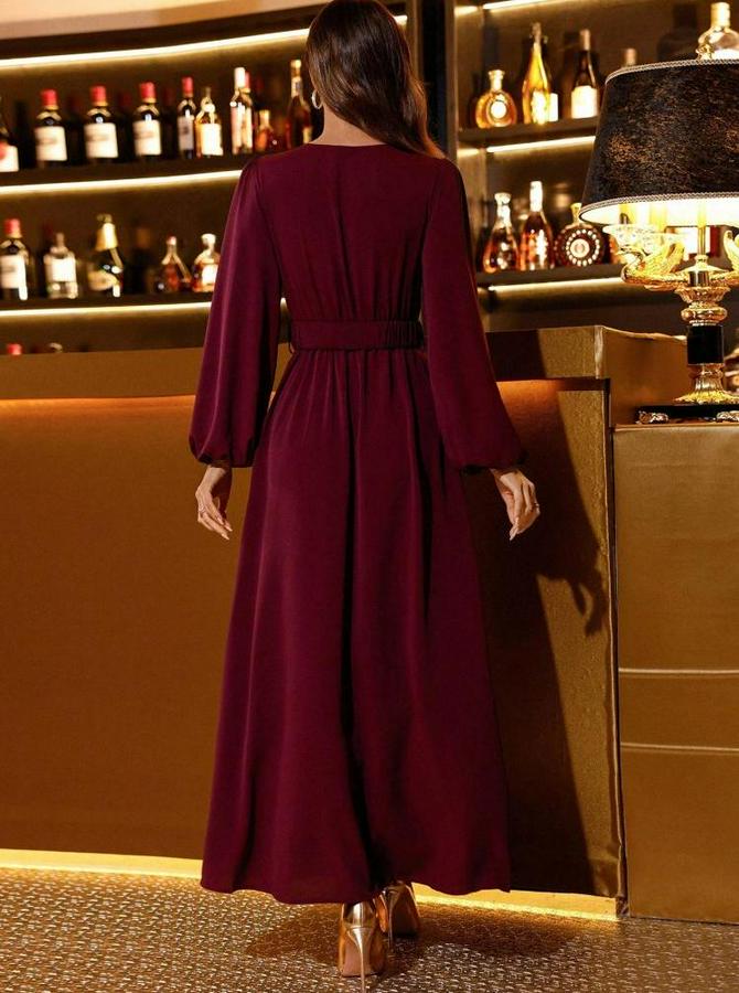 Uzun Kollu Kruvaze Yaka Beli Kemerli Yırtmaçlı Uzun Ithal Krep Elbise