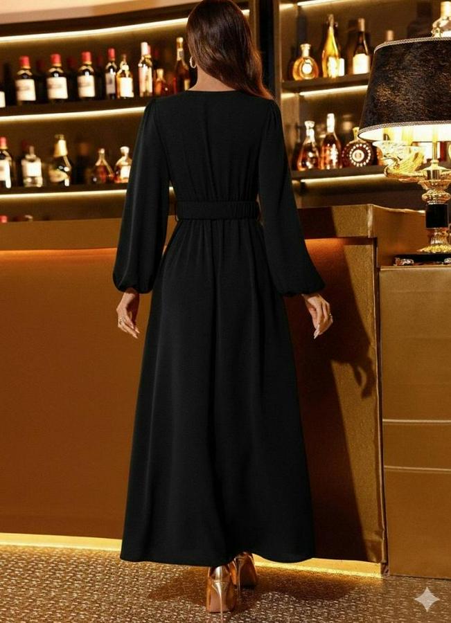 Uzun Kollu Kruvaze Yaka Beli Kemerli Yırtmaçlı Uzun Ithal Krep Elbise