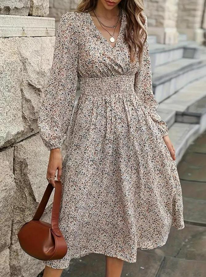 Uzun Kollu Kruvaze Yaka Beli Lastikli Kiloş Desenli Midi Süprem Elbise