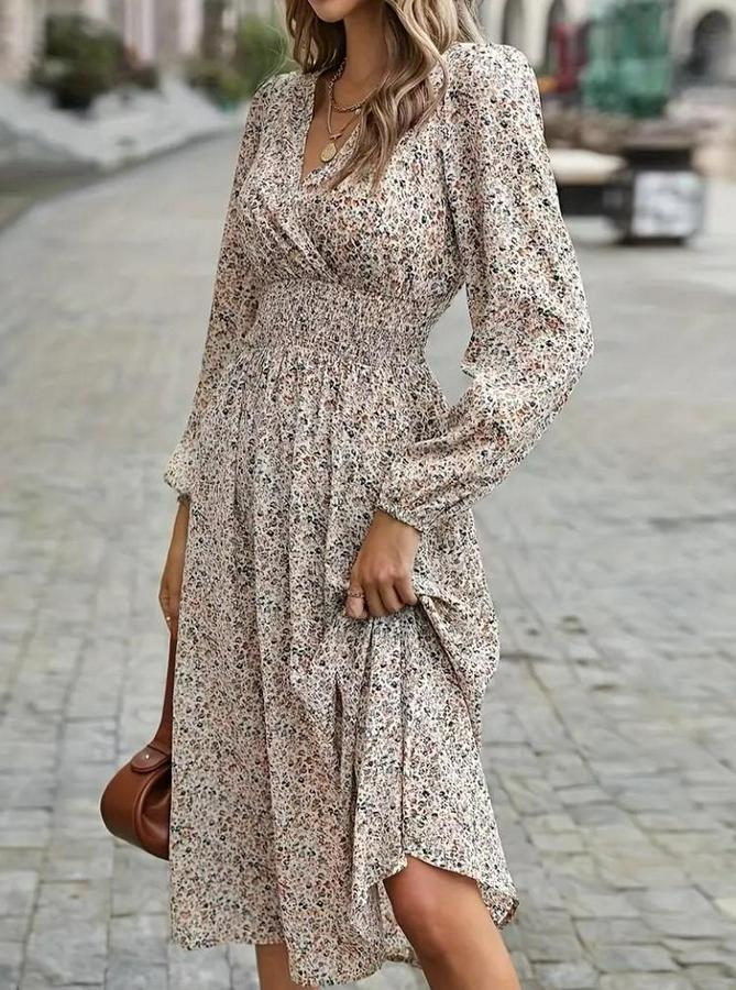 Uzun Kollu Kruvaze Yaka Beli Lastikli Kiloş Desenli Midi Süprem Elbise