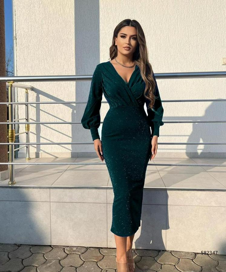 Uzun Kollu Kruvaze Yaka Büzgü Ve Balon Kol Detay Simli Krep Kumaş Maxi Boy Elbise