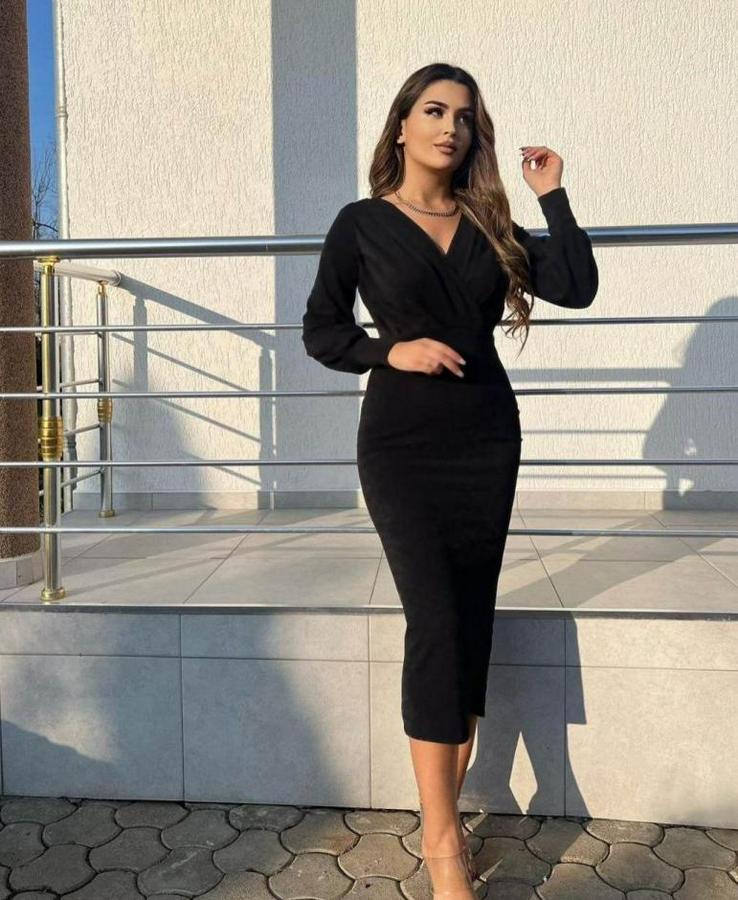 Uzun Kollu Kruvaze Yaka Büzgü Ve Balon Kol Detay Krep Kumaş Maxi Boy Elbise