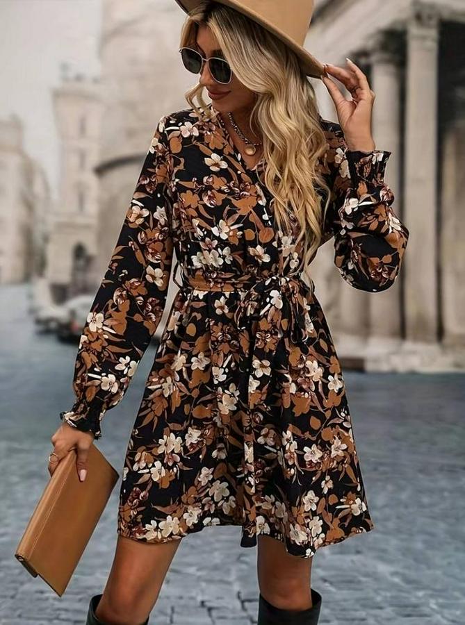 Uzun Kollu Kruvaze Yaka Çiçek Desenli Dalgıç Elbise