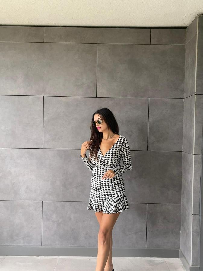 Uzun Kollu Kruvaze Yaka Kazayağı Mikro Mini Boy Elbise