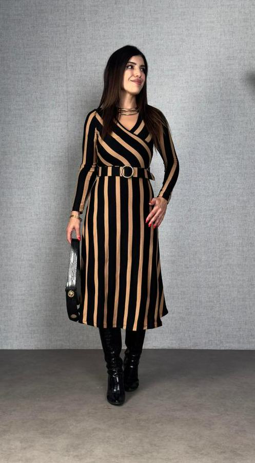 Uzun Kollu Kruvaze Yaka Kemer Dahil Çizgili Triko Elbise