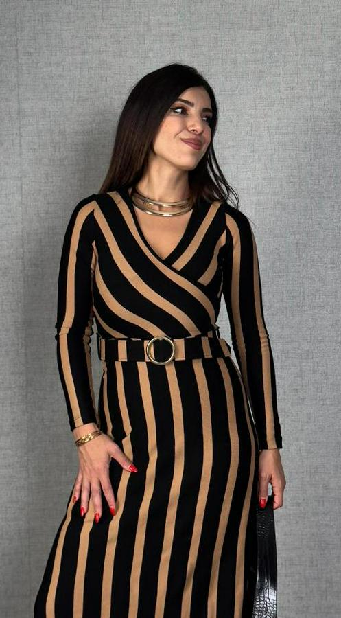 Uzun Kollu Kruvaze Yaka Kemer Dahil Çizgili Triko Elbise