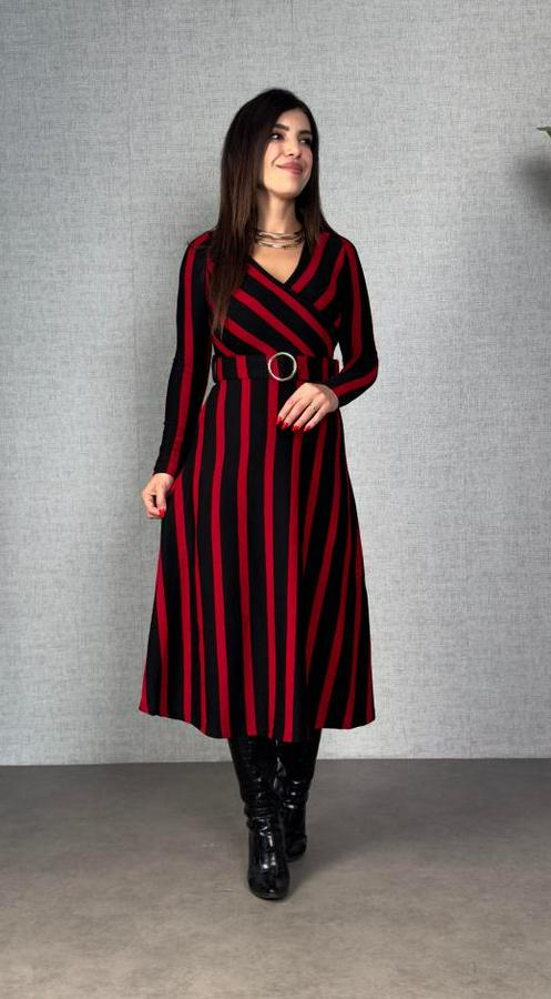Uzun Kollu Kruvaze Yaka Kemer Dahil Çizgili Triko Elbise