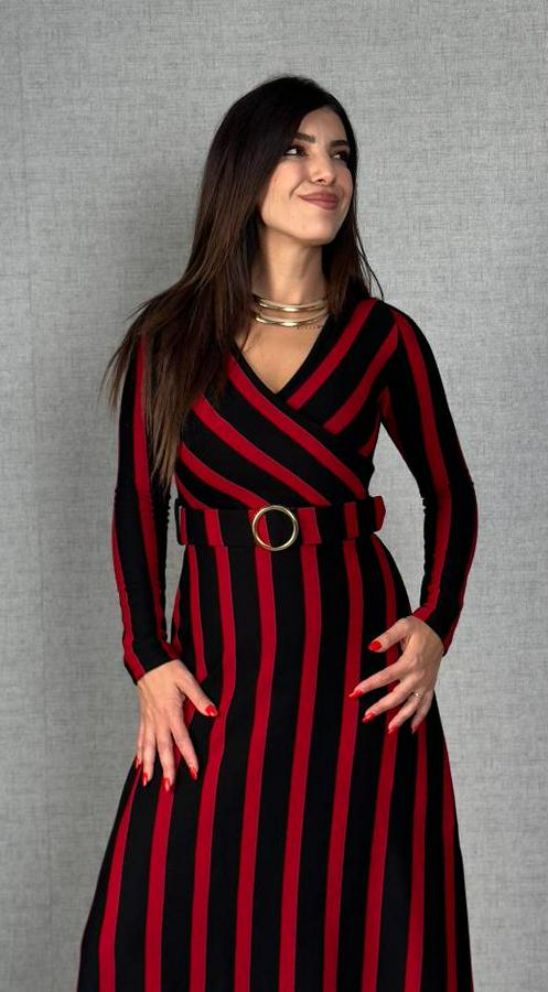Uzun Kollu Kruvaze Yaka Kemer Dahil Çizgili Triko Elbise
