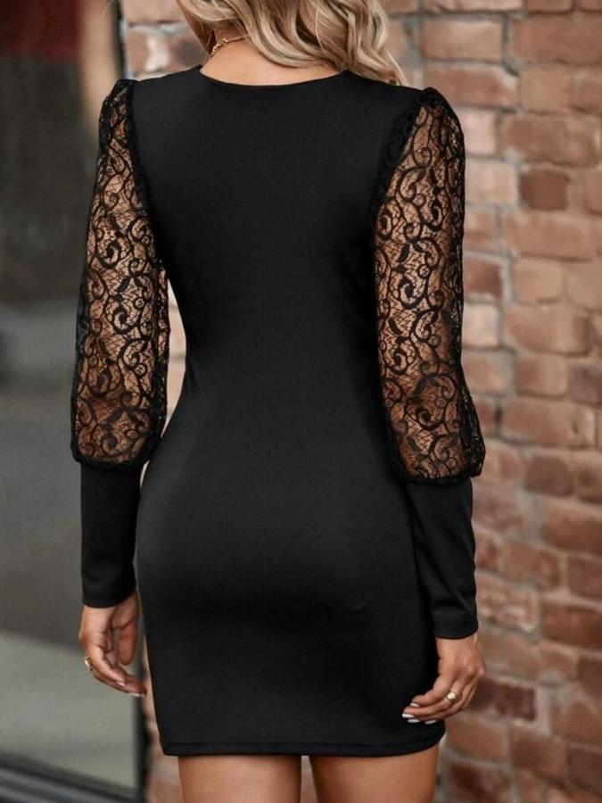 Uzun Kollu Kruvaze Yaka Kollar Tül Detay Krep Mini Boy Elbise