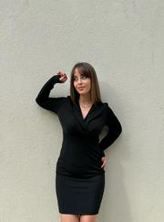 Uzun Kollu Kruvaze Yaka Krep Mini Boy Elbise