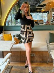 Uzun Kollu Kruvaze Yaka Labirent Desen Dalgıç Elbise