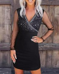 Uzun Kollu Kruvaze Yaka Üst Kısım Taşlı Detay Krep Mini Boy Elbise