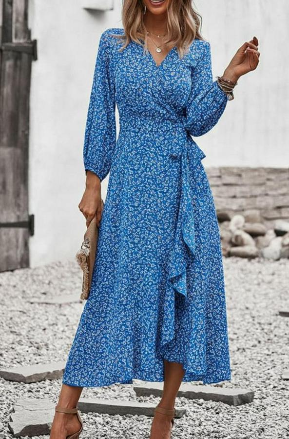 Uzun Kollu Kruvaze Yaka Yandan Bağlamalı Önden Fırfır Detaylı Süprem Uzun Elbise