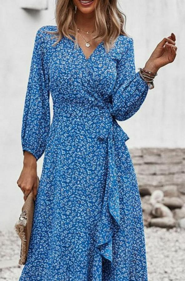 Uzun Kollu Kruvaze Yaka Yandan Bağlamalı Önden Fırfır Detaylı Süprem Uzun Elbise