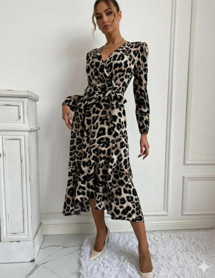 Uzun Kollu Kruvaze Yaka Yandan Bağlamalı Önden Fırfır Detaylı Süprem Uzun Elbise