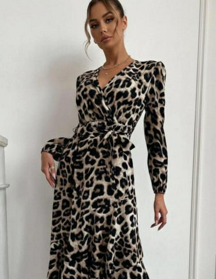 Uzun Kollu Kruvaze Yaka Yandan Bağlamalı Önden Fırfır Detaylı Süprem Uzun Elbise