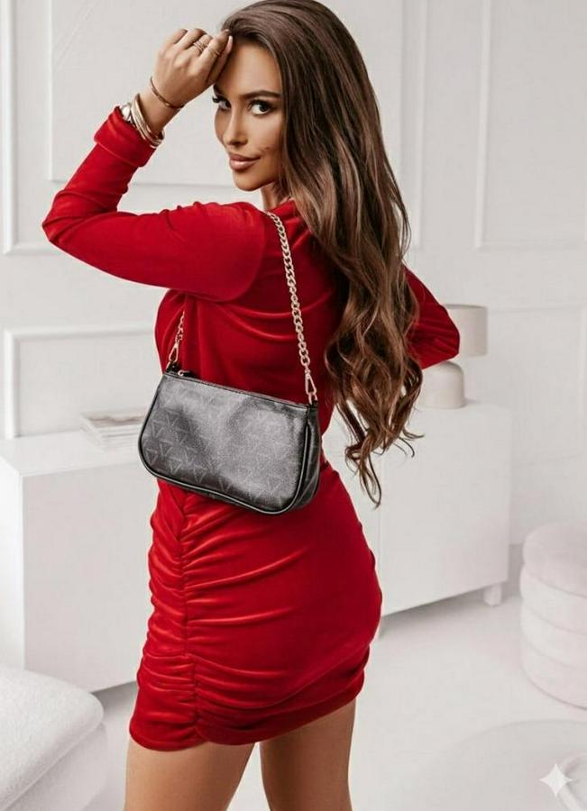 Uzun Kollu Kruvaze Yaka Yandan Büzgülü Mini Ithal Krep Elbise