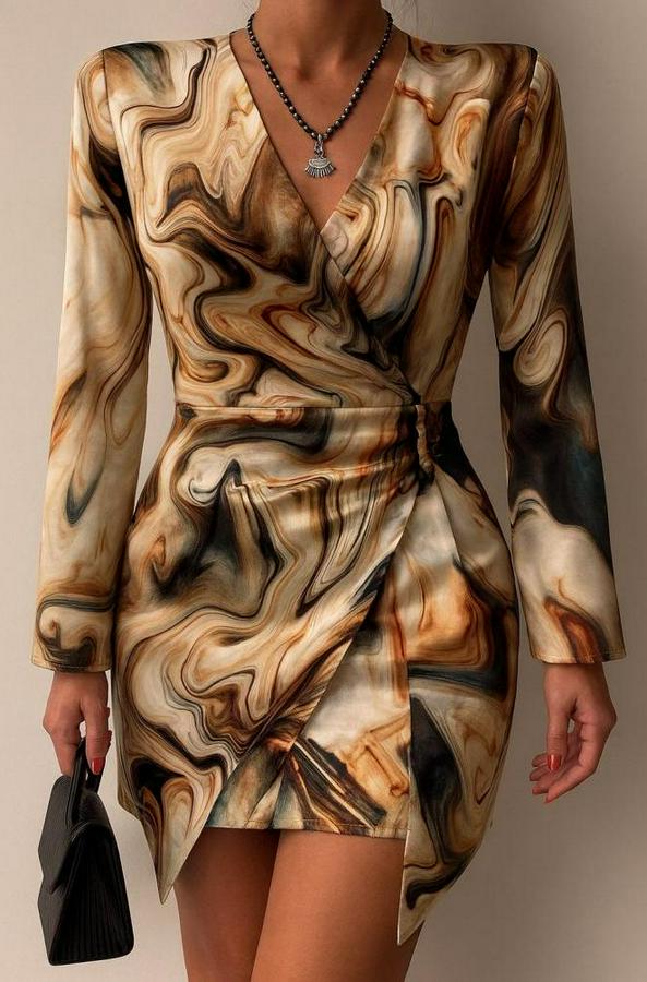 Uzun Kollu Kruvaze Yakalı Asimetrik Detaylı Mini Modal Elbise