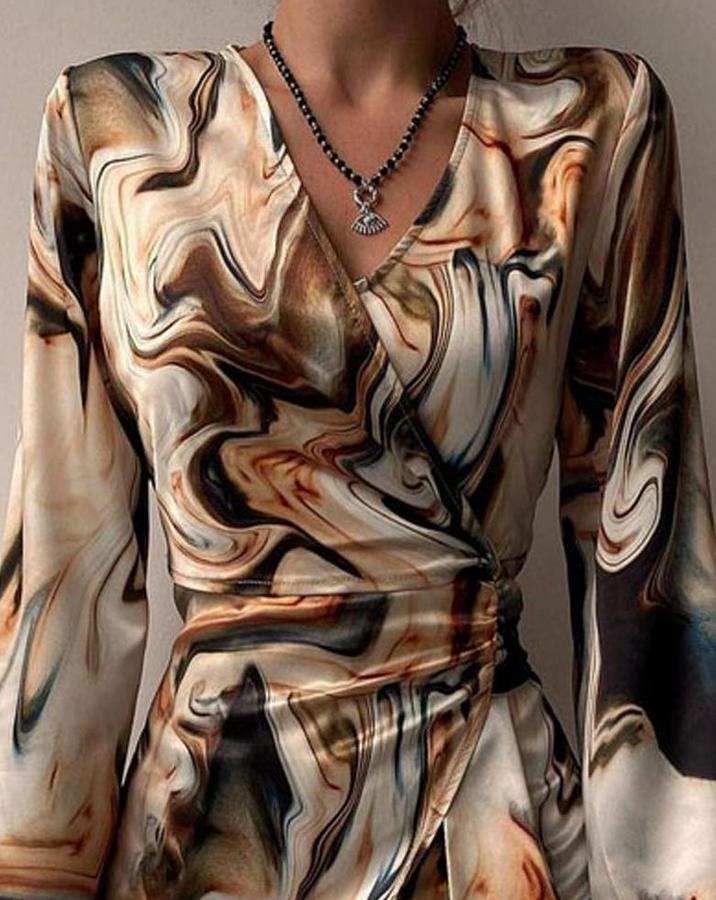 Uzun Kollu Kruvaze Yakalı Asimetrik Detaylı Mini Modal Elbise