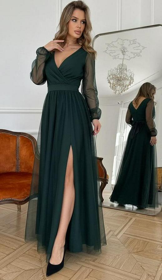 Uzun Kollu Kruvaze Yakalı Belden Kuşaklı Tüllü Uzun Ithal Krep Elbise