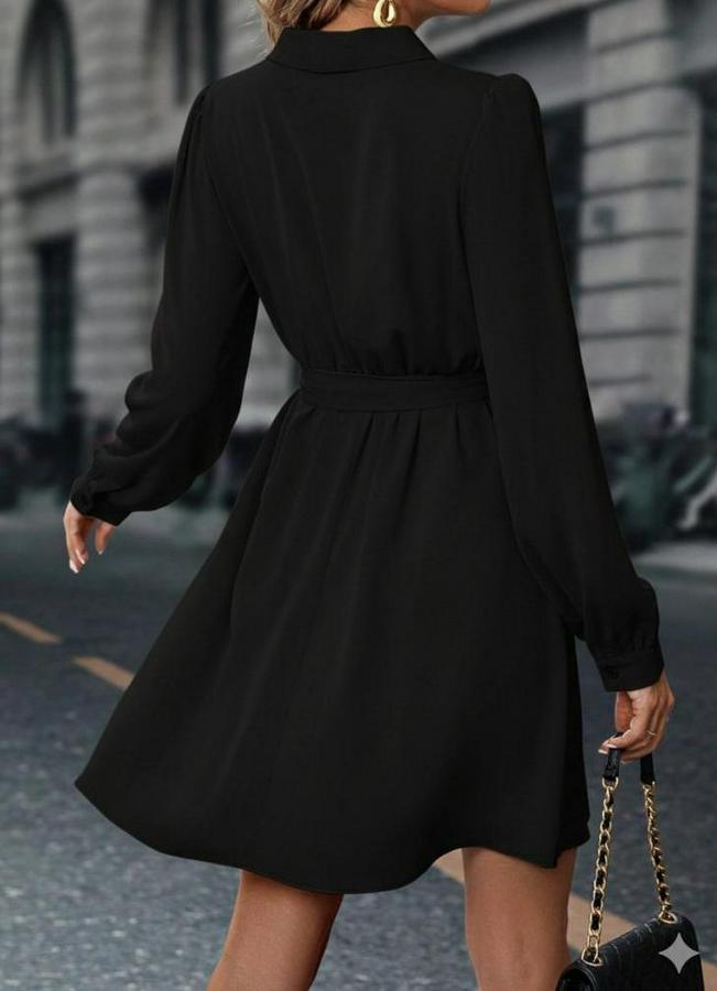 Uzun Kollu Kruvaze Yakalı Belden Kuşaklı Mini Çift Katlı Ithal Krep Elbise