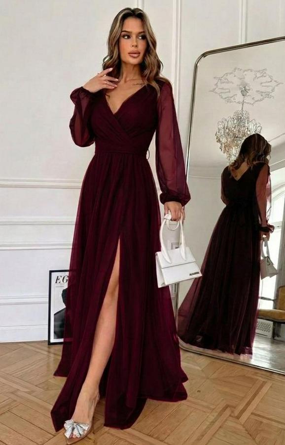 Uzun Kollu Kruvaze Yakalı Belden Kuşaklı Tüllü Uzun Ithal Krep Elbise