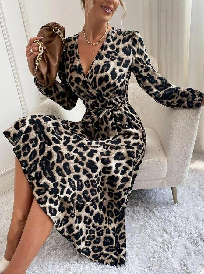 Uzun Kollu Kruvaze Yakalı Belden Kuşaklı Leopar Desenli Elbise