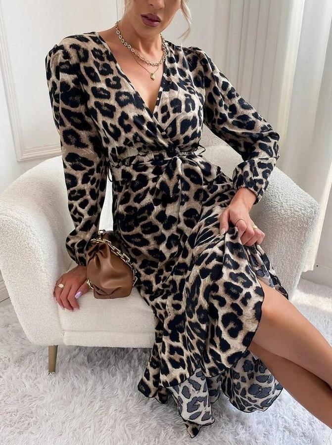 Uzun Kollu Kruvaze Yakalı Belden Kuşaklı Leopar Desenli Elbise