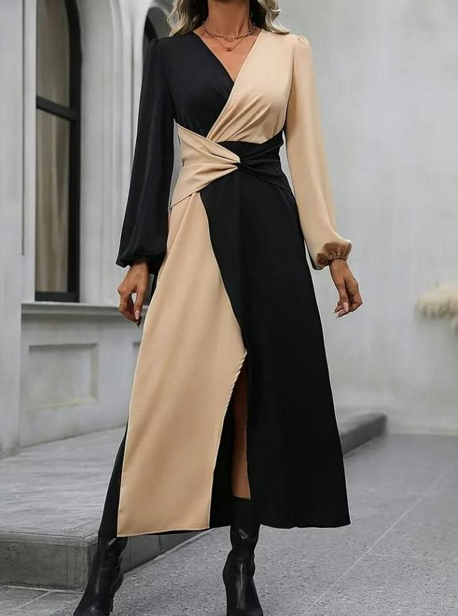 Uzun Kollu Kruvaze Yakalı Belden Çapraz Detaylı Çift Renkli Midi Ithal Krep Elbise