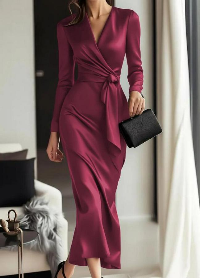 Uzun Kollu Kruvaze Yakalı Beli Kuşaklı Uzun Saten Elbise