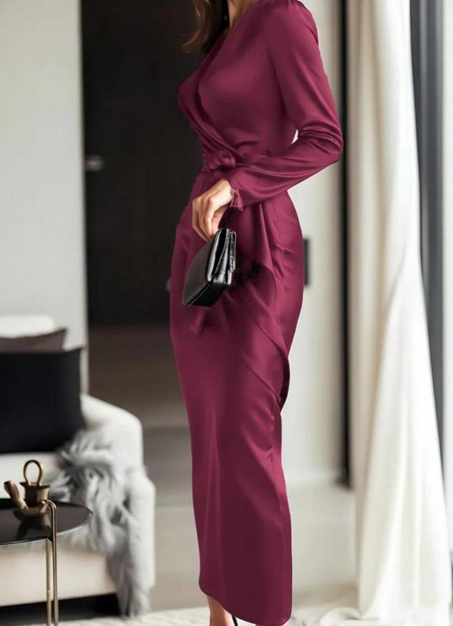 Uzun Kollu Kruvaze Yakalı Beli Kuşaklı Uzun Saten Elbise