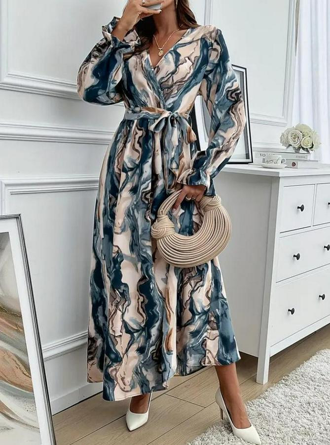 Uzun Kollu Kruvaze Yakalı Beli Kuşaklı Desenli Süprem Maxi Elbise