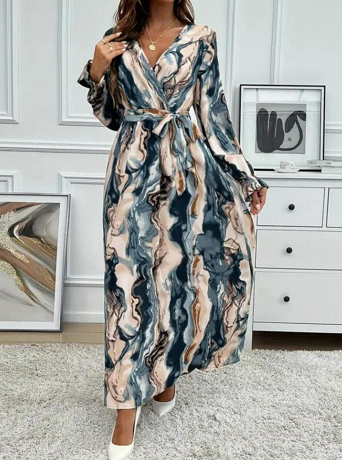 Uzun Kollu Kruvaze Yakalı Beli Kuşaklı Desenli Süprem Maxi Elbise